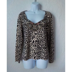 KFG Knit Top Animal Print Women XL (50 IT) Sequin Accent Long Sleeve Made Italy